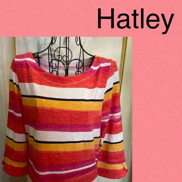 HATLEY TROPICAL STRIPED "PEPLUM DRESS"~ORANGE, WHITE, YELLOW KNIT~SMALL - Picture 4 of 4